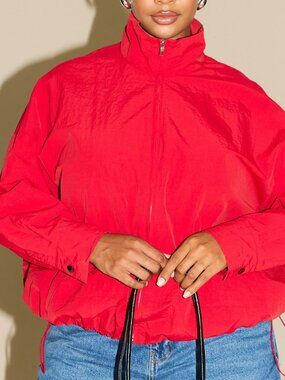 Red Casual Women's Plus Size Zip Track Jacket Funnel Neck Windbreaker